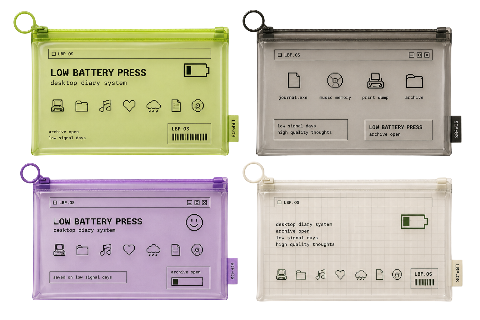 Translucent file pouches holding archive pieces