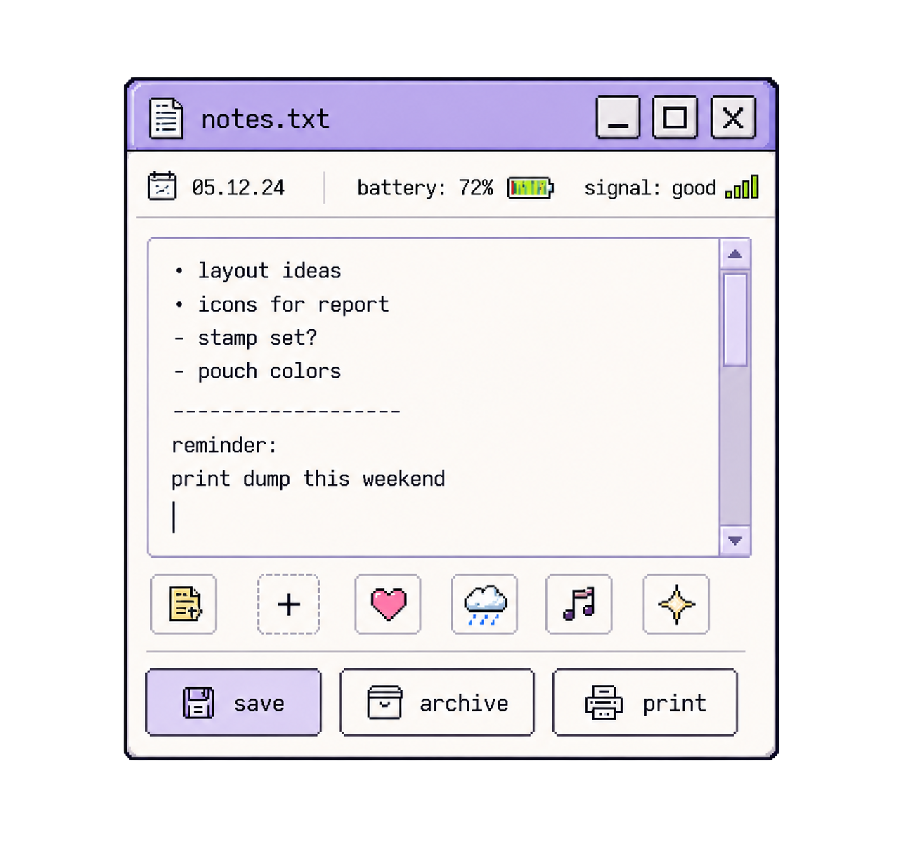 Notes.txt window with bullet notes